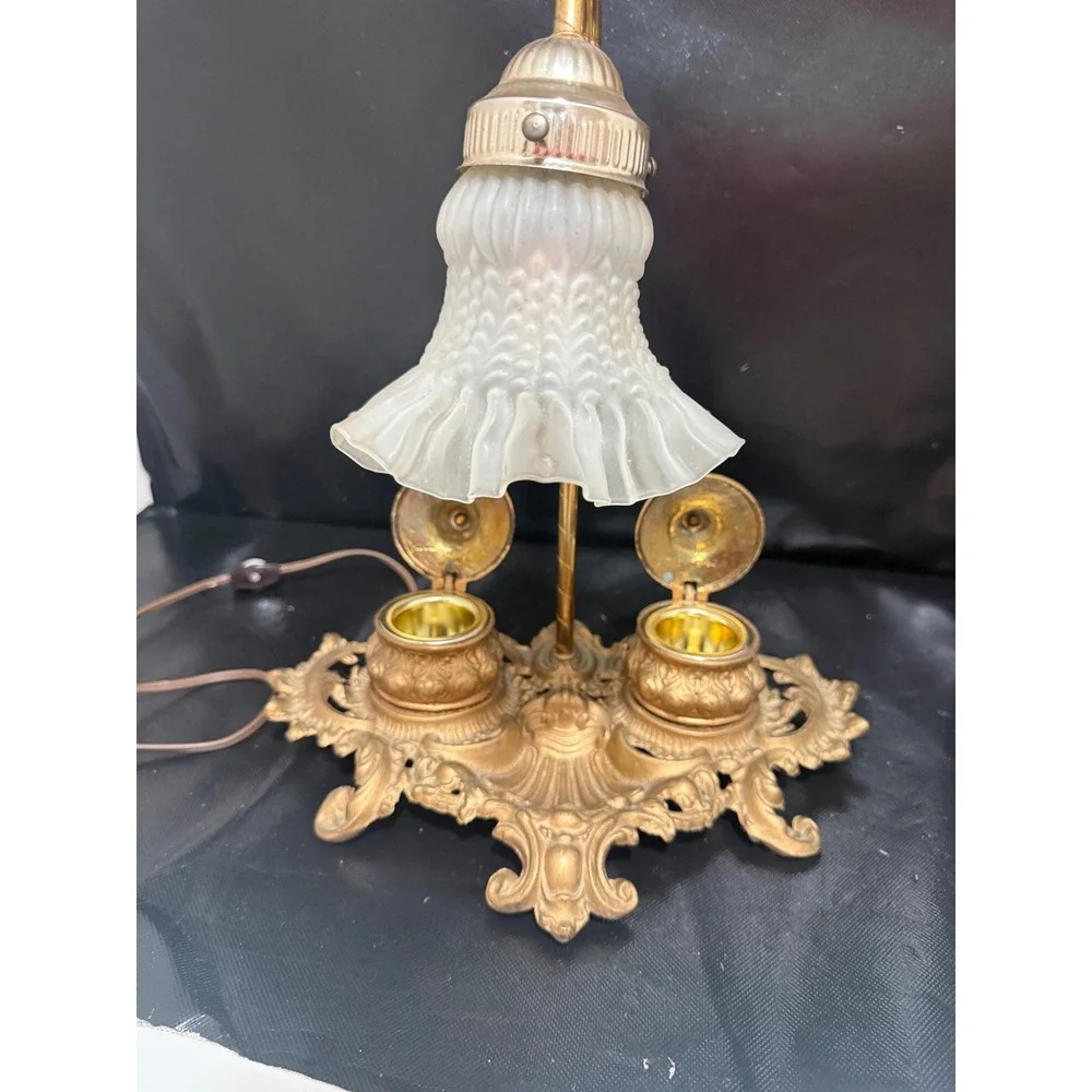 Vintage Brite Metal Ornate Brass Desk Lamp with Dual Inkwell Frosted Glass Tulip